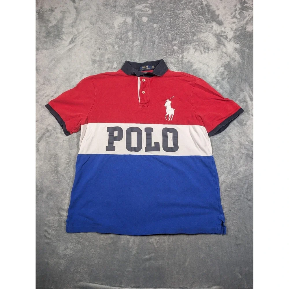 Polo Ralph Lauren Polo Shirt Mens Large Red White Blue Colorblock Big Pony